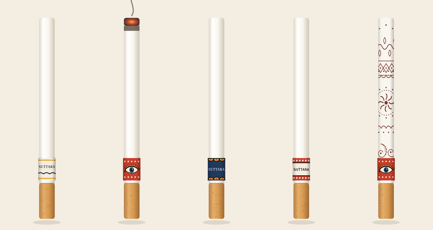 Five white incense sticks with amber filter tips, each with a different printed band; one in full mehndi lace