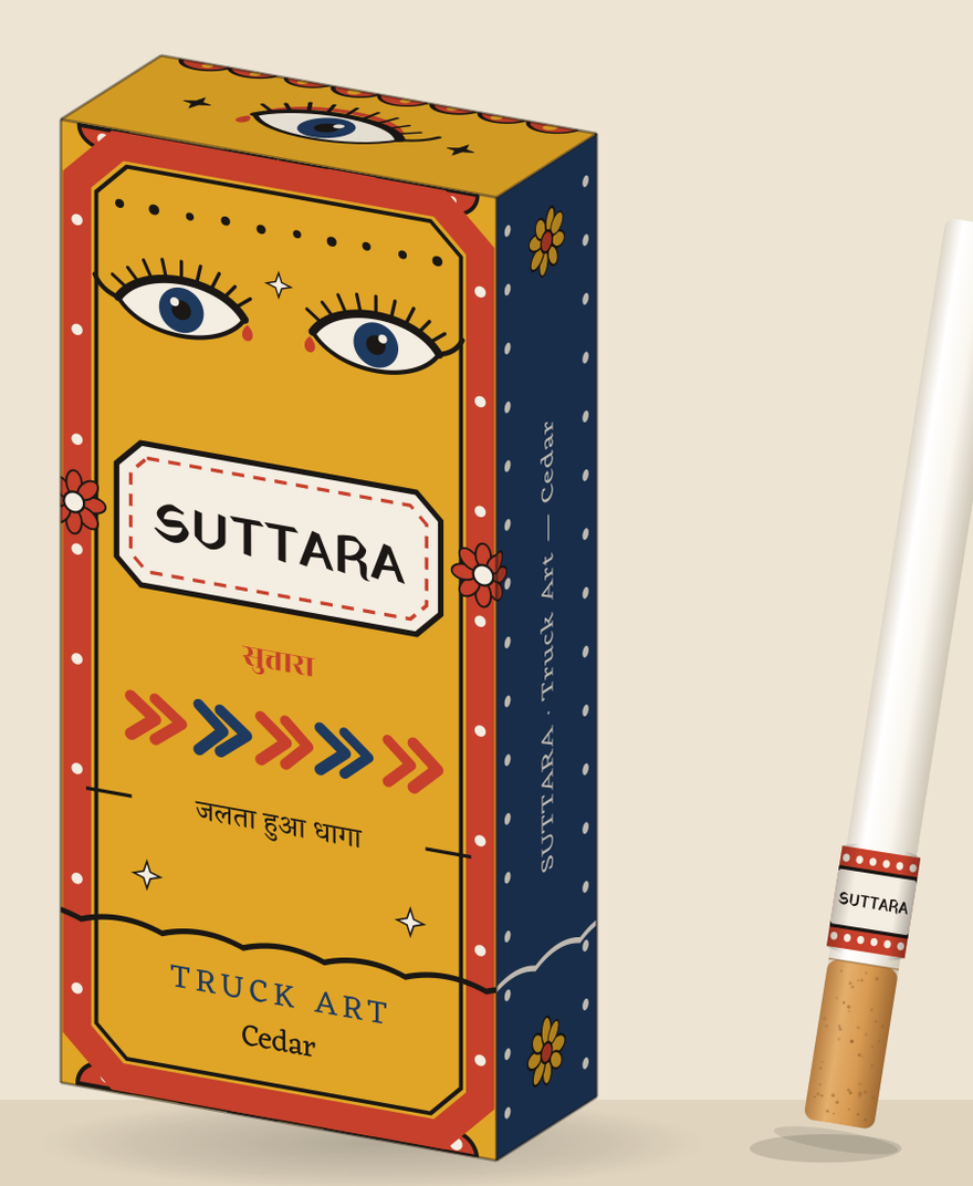 Truck Art box — marigold with a chamfered Suttara number plate — beside its plate-band stick